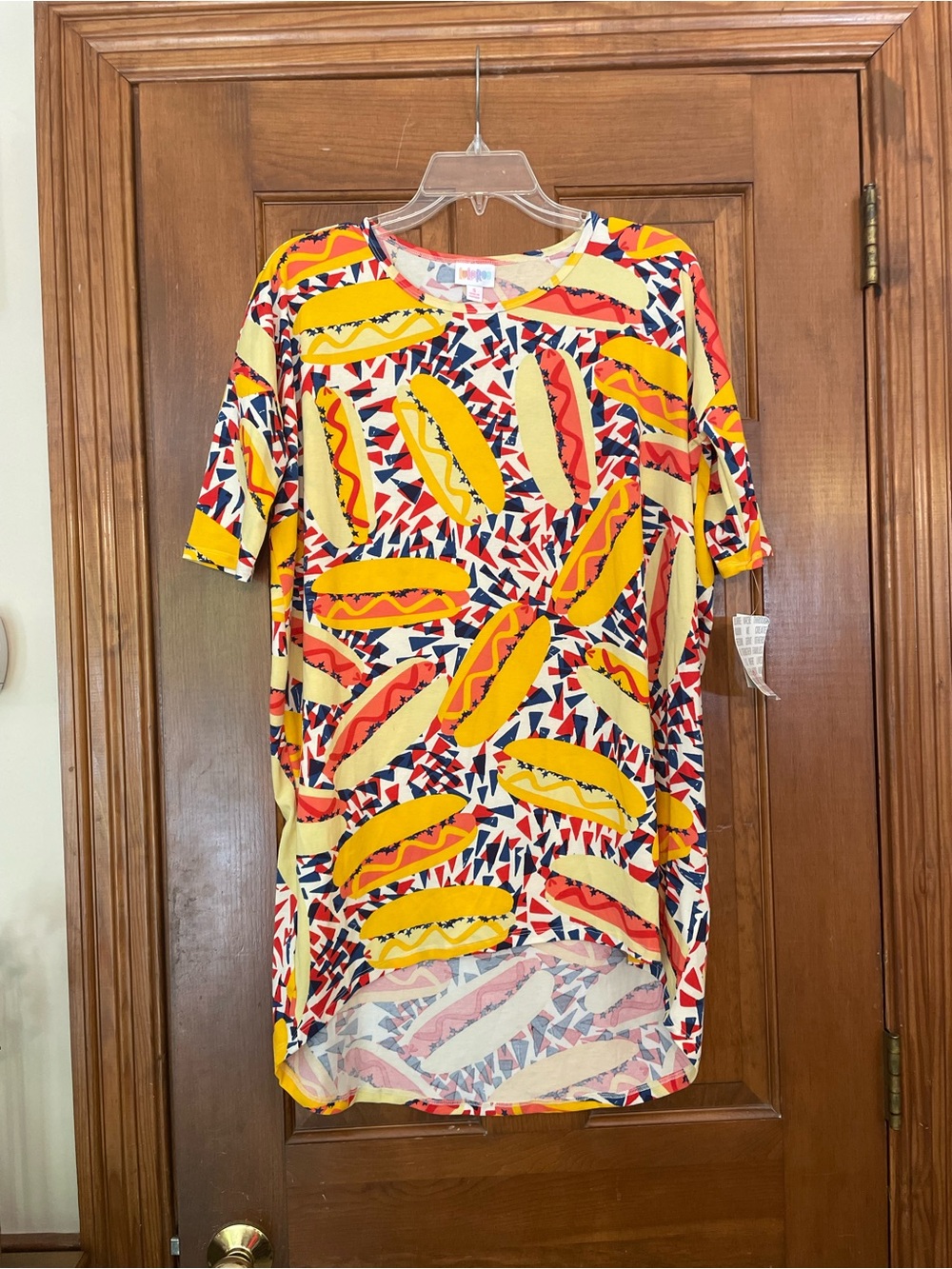 LuLaRoe Irma Bright Hot Dog/Hamburger Print Tunic Top -‎ Yellow & Red NWT Size S